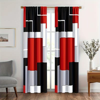 2 stuks Gordijnen met Ruitpatroon, Tunnel voor Roede Raambekleding, Geschikt voor Woonkamer Slaapkamer Decoratie, Rood Wit Grijs Zwart Gordijnen 150x166cm red