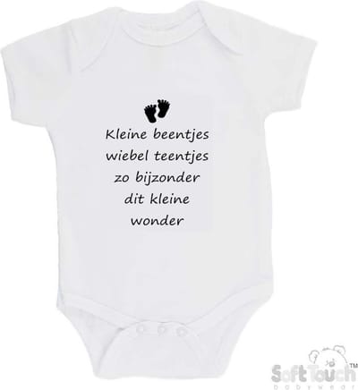 100% katoenen Romper "Kleine beentjes Wiebel teentjes Zo bijzonder Dit kleine wonder" Unisex Katoen Wit/zwart Maat 62/68