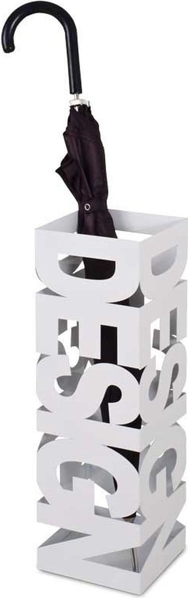 Paraplubak – Wit staal met uitneembare lekbak – Strak modern ontwerp – 48 cm hoog, 16 cm breed, 16 cm diep