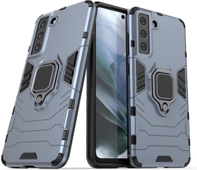 MobyDefend Hoesje - Geschikt voor Samsung Galaxy S21 FE - Dubbelgelaagde Pantsercase Met Standaard - Navy blauw