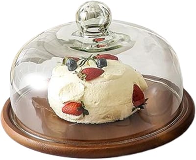 Taartstandaard met deksel - Display standaard - Dessert presentatie - Acaciahouten voetstuk - 253 cm diameter - Transparant
