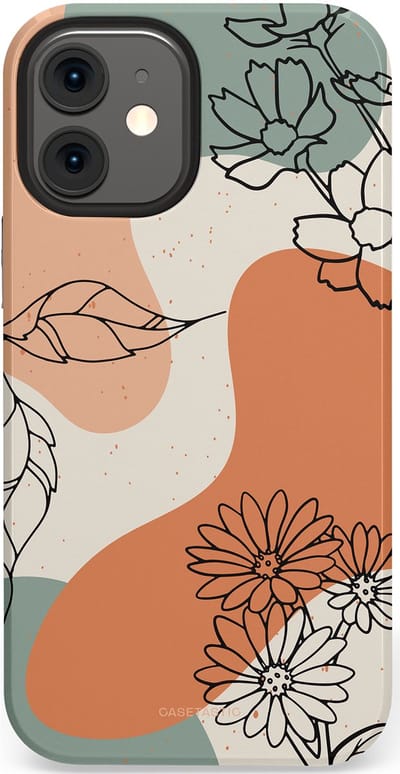 Casetastic hoesje geschikt voor Apple iPhone 12 Mini - Dubbellaagse bescherming - Lijnenspel Botanisch - Fashion Case - Crème Saliegroen Perzik