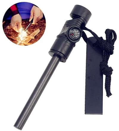 WiseGoods Premium Vuurstarter Magnesium Stick & Kompas Survival - Outdoor Fire Starter - Kamperen - Survivallen - Camping - Zwart