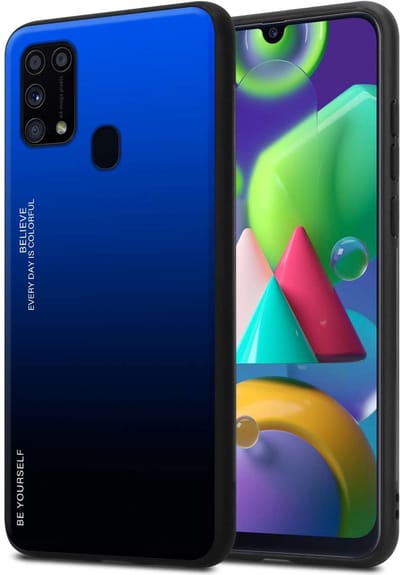Cadorabo Hoesje geschikt voor Samsung Galaxy M31 in BLAUW - ZWART - Tweekleurige beschermhoes van TPU-silicone Case Cover en achterzijde van gehard glas