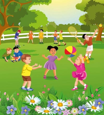 Fotobehang - Kids in Garden 225x250cm - Vliesbehang