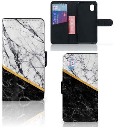 Marmer Wit Zwart Hoesje Alcatel 1B 2020 Kunstleer TPU Met Gouden Lijn Beschermhoes | Book Case