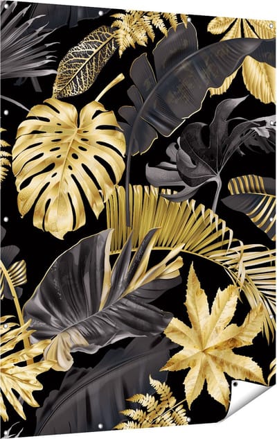 Gards Tuinposter Gouden Tropische Bladeren - 120x160 cm - Tuindoek - Tuindecoratie - Wanddecoratie buiten - Tuinschilderij
