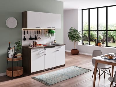 Goedkope keuken 150 cm - complete kleine keuken met apparatuur Oliver - Donker eiken/Wit - keramische kookplaat - koelkast - mini keuken - compacte keuken - keukenblok met apparatuur