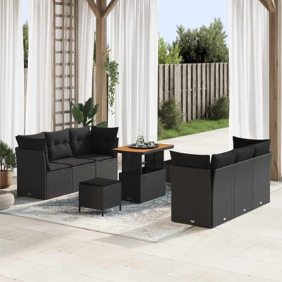 vidaXL - Tuinbank - Set - met - kussen - 9 - pcs - Zwart - poly - rattan