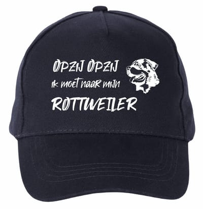 Mijncadeautje - 5 panel - Cap - Verstelbaar - Pet van 100% dik geborsteld katoen- unisex - opdruk wit - opzij opzij naar mijn rottweiler - navy blauw