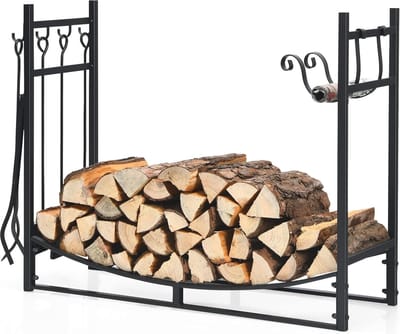 Zwart Brandhoutrek van Metaal met Haardgereedschap – Voor Binnen en Buiten – 90 cm