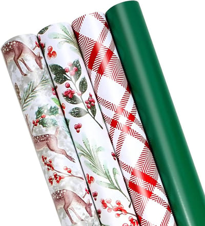 Kerstinpakpapier Sets - Cadeaupapier Rollen - Cadeaus Inpakken - Omkeerbaar Ontwerp - 4 Rollen 9.3 m² - Doe Bloemen