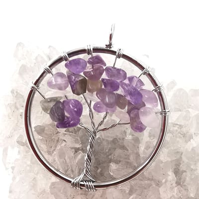 Ketting - verzilverd - L 50 cm met Edelsteen - Amethist - Tree of life - hanger - Ø 3cm - Made by hand. Een beschermende en zuiverende werking.