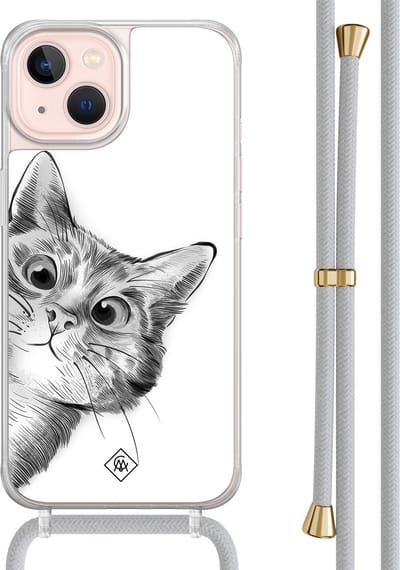 Casimoda® hoesje met grijs koord - Geschikt voor iPhone 13 - Peekaboo Kat - Afneembaar koord - TPU/acryl - Wit