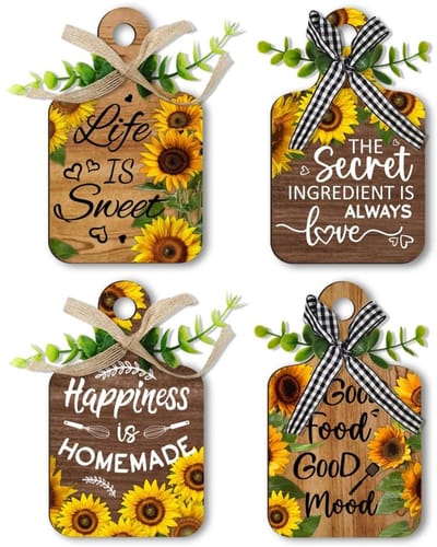 JHUBERS- Eetbord Houten Wanddecoratie - Zonnebloem Decoratie - Muurkunst Keuken - Wanddecoratie Eetkamer - 15 x 9 cm - 4 Stuks