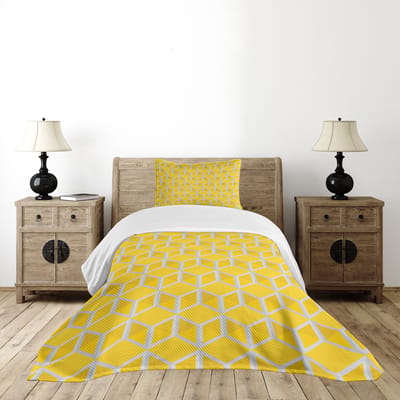 ABAKUHAUS grijs gele spreidset, abstracte honingraten, gewatteerd tweedelig dekbedset, voor eenpersoonsbedden 170 x 220 cm, mosterdgrijs