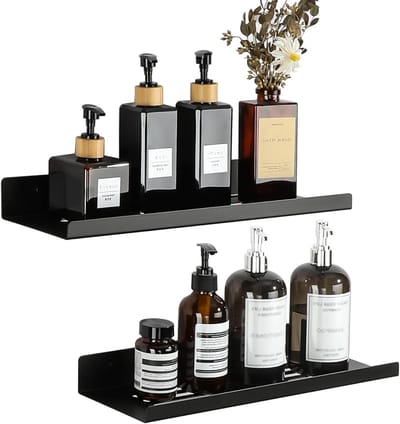 Wandplank Zwart 40 cm - Zwevende Plank voor Douche, Badkamer en Keuken - Set van 2 Opbergmanden voor Shampoo en Accessoires