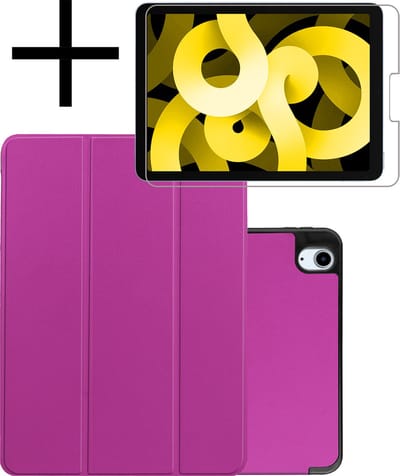 Hoes - Geschikt voor Apple iPad Air 5 (2022) - 10.9 inch - 5e Generatie - M1 - Met Screenprotector - Trifold Bookcase - Hard Cover Case - Met Uitsparing Geschikt voor Apple Pencil - Hardcover Book - Tablet Hoesje - Paars