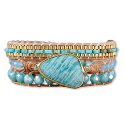 Marama Wikkelarmband Tulum – Turquoise Natuursteen – Vegan Leer – Glaskralen – Goudkleurig – Verstelbaar - Damesarmband