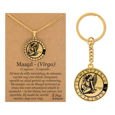 Sterrenbeeld Maagd / Virgo Ketting + Sleutelhanger - Goudkleurig - Stainless Steel op Cadeau Kaartje- 60cm - Pax Amare
