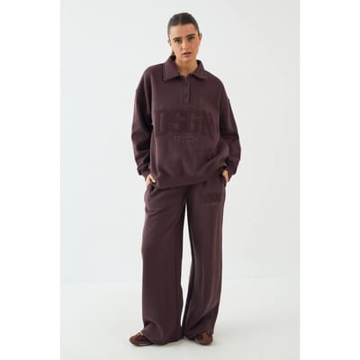 Dames DSGN Studio Badstof Applique Rechte Pijp Jogger | Chocoladebruin | Maat: XS