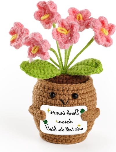 Handgemaakte Gehaakte Bloemen - Vergeet-mij-niet Plant - Emotionele Steun Cadeau & Rugsteun voor Vrienden, Familie & Collega's - Desk & Kantoor Decoratie - Bruine Pot en Uniek Geschenk