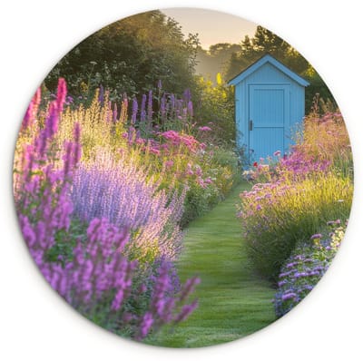 WallCircle® Wandcirkel 120x120 cm - Muurcirkel Tuinhuisje - Blauw - Bloemen - Muurdecoratie woonkamer - Wanddecoratie slaapkamer - Kamer decoratie accessoires - Ronde schilderijen XXL
