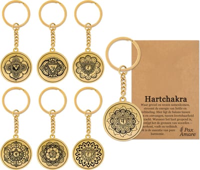 Set van 7 Chakra Sleutelhangers - Goudkleurig - Kruin | Derde Oog | Keel | Hart | Zonnevlecht | Heiligbeen | Wortel Sleutelhangers Bundel - Spiritueel Medaillon - Pax Amare