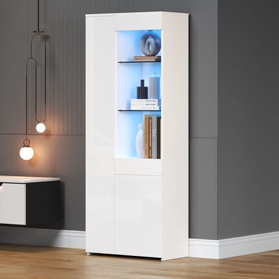 REDOM Vitrinekast 70x35x180 cm van spanplaat en gehard glas, hoogglans wit met LED-verlichting