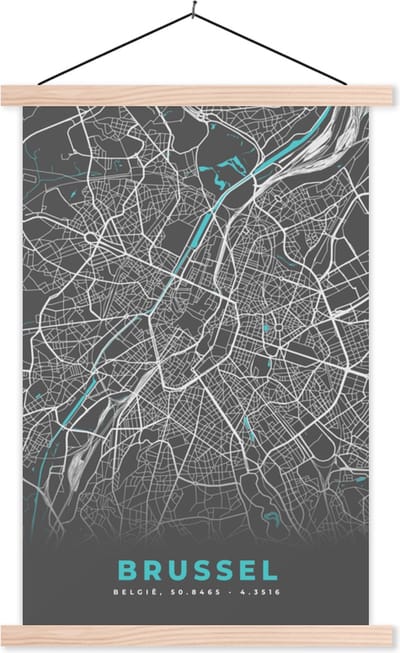 Posterhanger incl. Poster 40x60 cm - Schoolplaat - België – Brussel – Stadskaart – Kaart – Blauw – Plattegrond - Textielposter - Blanke latten - Stadskaart