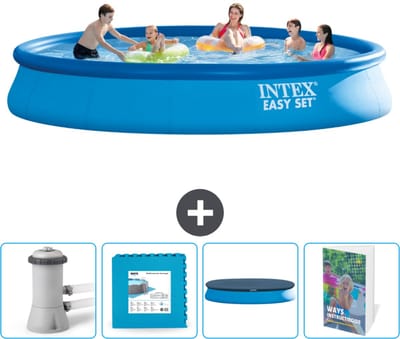 Intex Rond Opblaasbaar Easy Set Zwembad - 457 x 84 cm - Blauw - Inclusief Pomp Vloertegels - Afdekzeil - Zwembadgids