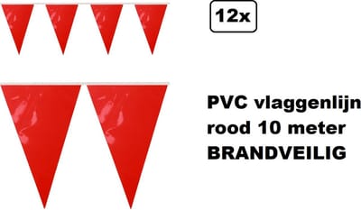 12x PVC vlaggenlijn rood 10 meter BRANDVEILIG - Themafeest Gala festival verjaardag evenement party Brandveilig keurmerk