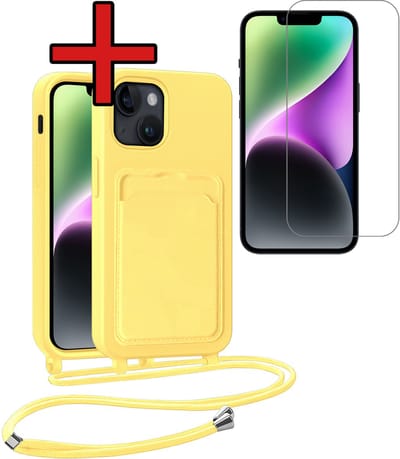 Hoesje Geschikt voor iPhone 13 Hoesje Met Telefoonkoord en Pasjeshouder Met Screenprotector Siliconen - Hoes Geschikt voor iPhone 13 Hoesje Met Kaarthouder Case - Geel