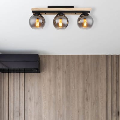 Globo Conni plafondlamp, lengte 60 cm, rookgrijs, hout/glas, 3-lamps.