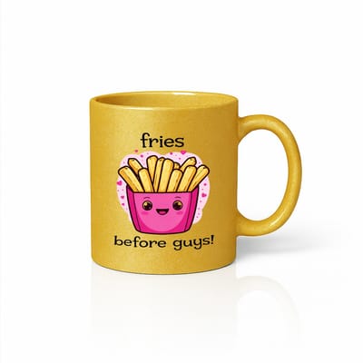 Grappige “Fries Before Guys” Mok – Gouden Glitter Keramische Koffiemok 330 ml – Schattig Cadeau voor Frietliefhebbers