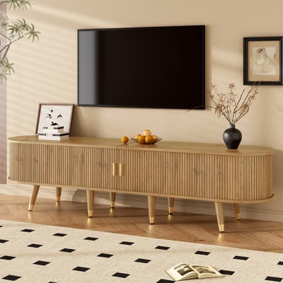 TV-meubel 175 cm met Rattan Schuifdeur, Tv Kast Donkere natuurlijke houtkleur, TV Dressoir met Opbergruimte, Open Vakken, Laden en Kast, Televisiemeubel, TV Kast voor Woonkamer, Landelijke Stijl, MDF, Natuurlijk Design