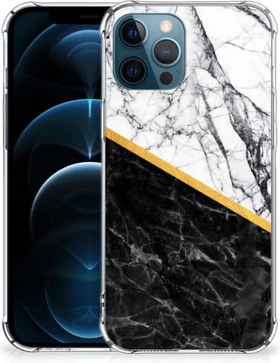 iPhone 12 | 12 Pro Anti-Shock Hoesje Marmer Wit Zwart - Origineel Cadeau Man