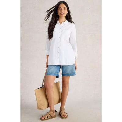 White Stuff Sophie Longline Cotton Shirt Pale Ivory Maat: 12 REGULAR | Longsleeves Outlet | Dames | Wit