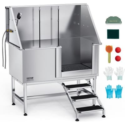 VEVOR Hondenwasstation van roestvrij staal, 1270x700x1545mm, verzorgingsbak voor huisdieren met trap, PE-waterfilterplaat, kraan, douchekop en zeephouder, voor grote, middelgrote en kleine huisdieren (rechterdeur)