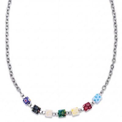 Pearlmania | Mosaic ketting met veelkleurige vierkante glazen kralen en roestvrij staal