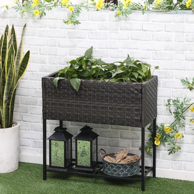 MODFU - Verhoogde Plantenbak - Met Onderplank En Metalen Frame - Rustieke Stijl - Kunststof In Rattanlook - Bruin