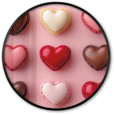 Poster in lijst Rond - Fotolijst 60x60 cm - Posters - Macarons - Hartjes - Kleurrijk - Roze - Ronde posterlijst zwart - Decoratie - Wanddecoratie woonkamer - Muurdecoratie slaapkamer