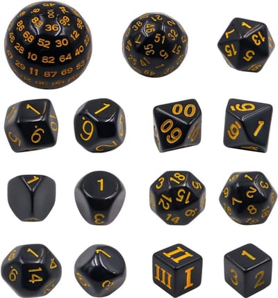 Thijox - 15-delige polyedrische dobbelstenen set D3-D100 voor rollenspellen, tafelspellen, zwart en geel, milieuvriendelijk acryl, perfect voor gamers
