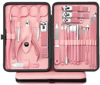 Manicureset-Pedicureset-18 in 1-Professionele Pedicureset-Nagelknipper-Verzorgingsset-Met leren reiskoffer-(Roze)