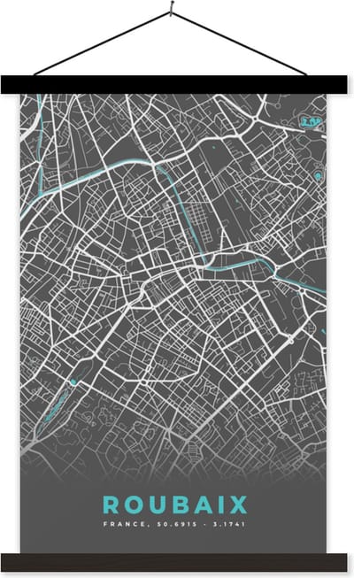 Posterhanger incl. Poster 40x60 cm - Schoolplaat - Roubaix - Frankrijk - Plattegrond - Stadskaart - Kaart - Textielposter - Zwarte latten - Stadskaart