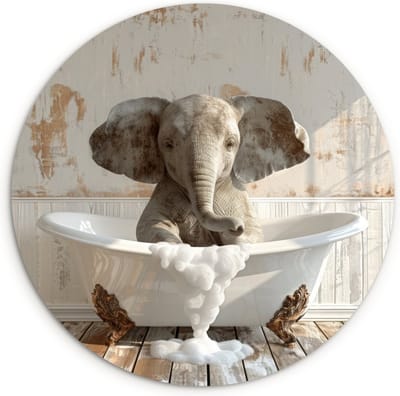 WallCircle® Wandcirkel 120x120 cm - Muurcirkel Vintage - Olifant - Badkuip - Schuim - Wilde dieren - Muurdecoratie cirkel woonkamer - Wanddecoratie slaapkamer - Kamer decoratie accessoires - Ronde schilderijen binnen - Woonaccessoires