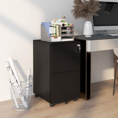 MEUNIQ hangmaprek trolley met 2 afsluitbare lades, op wielen, verstelbare hangmappenrails voor A4 Letter en Legal, staal, kantoor en thuiskantoor, zwart