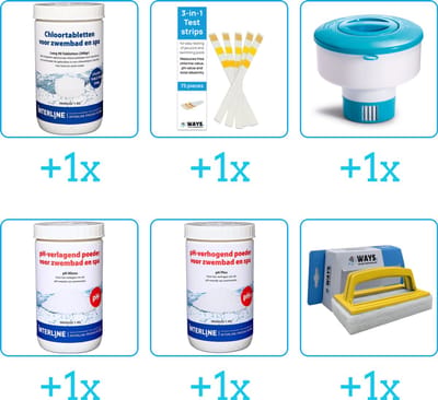 Zwembad Onderhoudspakket - Onderhoud Zwembad - bevat Chloor - Testrips - Chloordrijver - PH-min - PH-plus en Scrubborstel (6-delig)