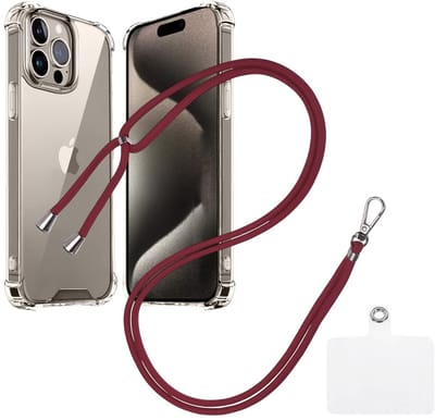 Shock Proof Case Hoes Geschikt voor iPhone 15 Pro Hoesje Transparant Met universele Telefoonkoord bordeaux - Cover - Nek Hanger - Koord Hoes