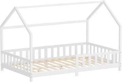 Kinderbed Huisbed 120x200 cm van grenenhout Wit met beschermdak en lattenbodem Houten bed ML-Design